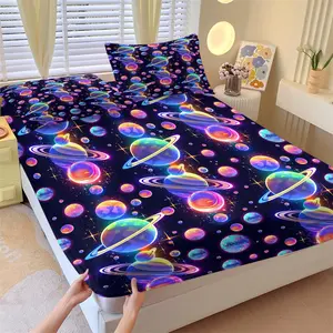 Aesthetic Cyberpunk Space Fitted Sheet Set, Vibrant Neon Planet & Galaxy Print, High-Density Soft Microfiber, Elevate Your Kids Room, Dorm & Game Room Vibe, Includes 1 Bed Sheet & 2 Pillowcase