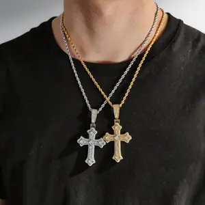 14K Gold Plated Moissanite Baguette Jesus Cross Pendant Tennis Necklace Miami Italy Mexico Inspired Trendy Aesthetic Affordable Jewelry Gift