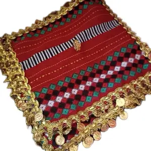 Dancing Scarf with Gold Coin Embellishments and Vibrant Red Diamond Pattern for Festive Wear