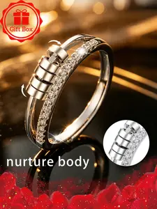 Adjustable Spinner Fidget Ring for Women, Silver Plated Anxiety Relief Ring with Cubic Zirconia, Open Stackable Band with Gift Box, Fashion Jewelry for Daily Wear & Holiday Gifting, Elegant Everyday Ring