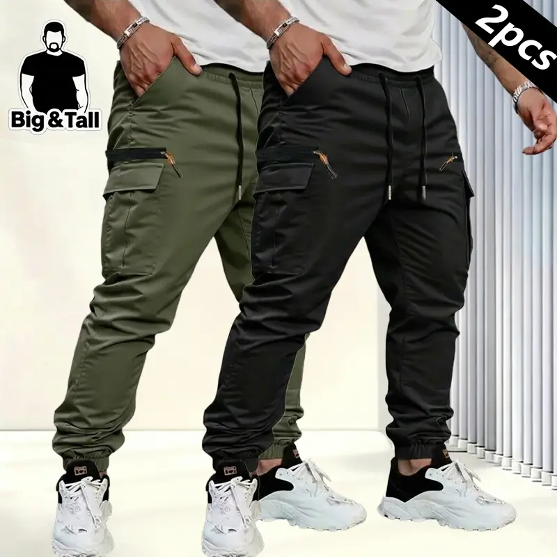 Men’s casual plus-size cargo pants two-pack: multi-pocket straight-leg casual trousers with a drawstring waist, faux zipper and Velcro design. Lightweight for spring, summer, and autumn; versatile for everyday wear and work, and a perfect choice for gifti