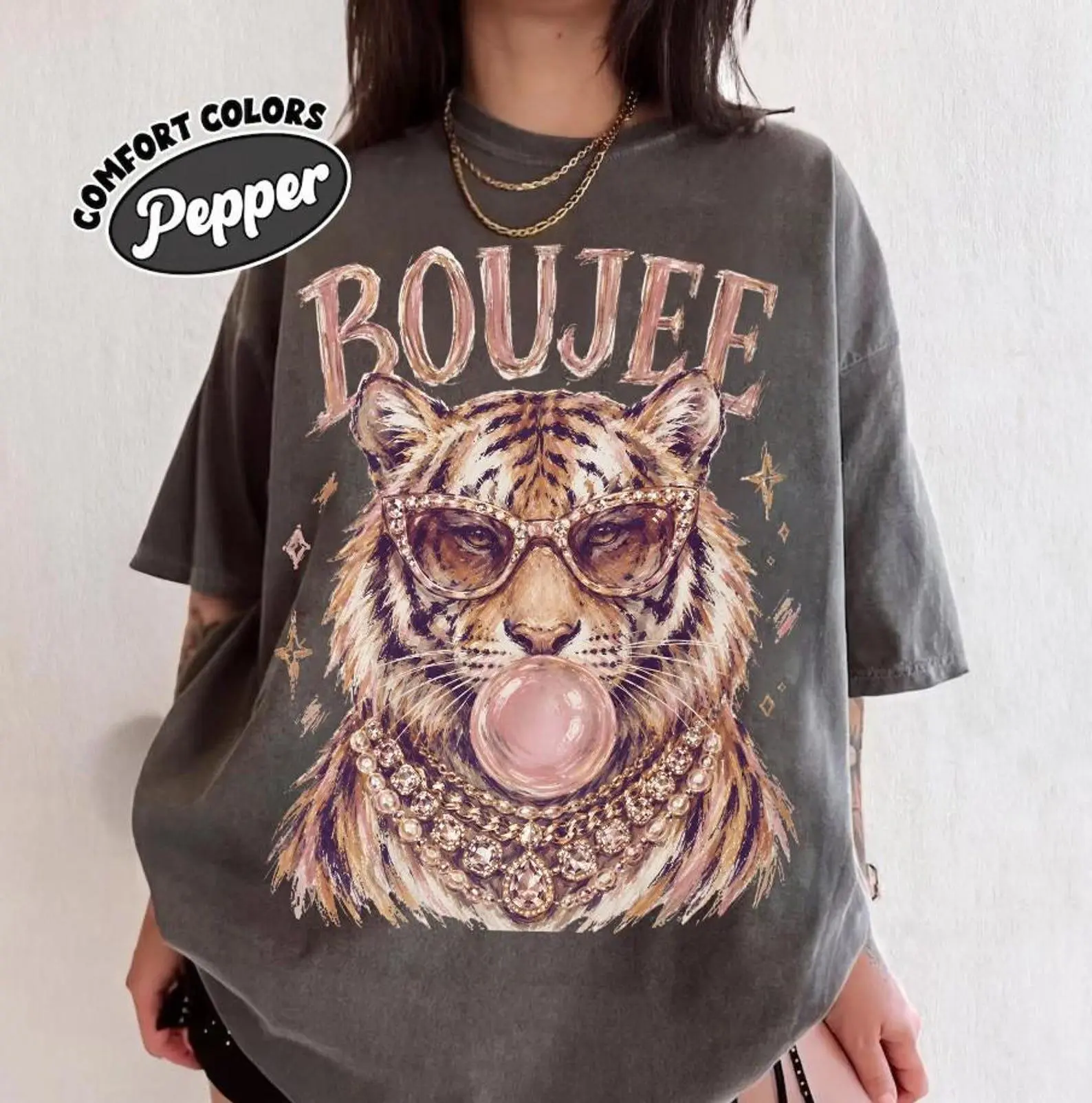 Comfort Colors Glam Boujee Tiger T-Shirt, Pink Bubblegum Bling Animal Graphic Tee, Coquette Fashion Wildlife Shirt