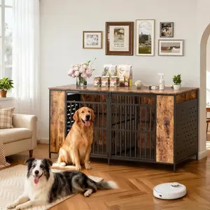 63" Large Dog Crate Furniture for 2 Dogs – Extra Sturdy XXL Metal & Wooden Medium Double Dog Cage with Removable Divider, Dual Doors – Indoor/Outdoor Kennel for Large Breeds