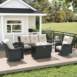 LayinSun 5 Piece Wicker Outdoor Furniture Set with 6-inch Comfy Cushions, High Back Patio Furniture Set with Swivel Rocking Chairs and Fire Pit Table