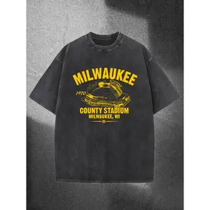 Men's Milwaukee County Stadium Vintage Logo T-Shirt - Brewers Fan Apparel with Retro Stadium Print, Loose Fit Cotton Tee Suitable for Casual Wear, Gym, Training & Year-Round Outfits for Brewers Supporters
