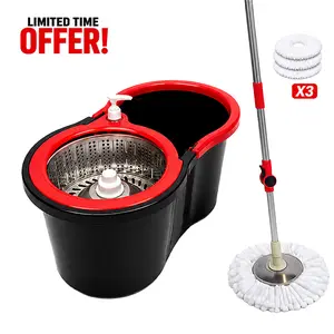 Spin Mop and Bucket System with Wringer Set - Stainless Steel Basket, Adjustable Handle, Foldable Soap Dispenser, 3 Extra Smooth Absorbent Microfiber Heads - Cleaning Supplies and Tools, Housekeeping Essentials for All Floor Types
