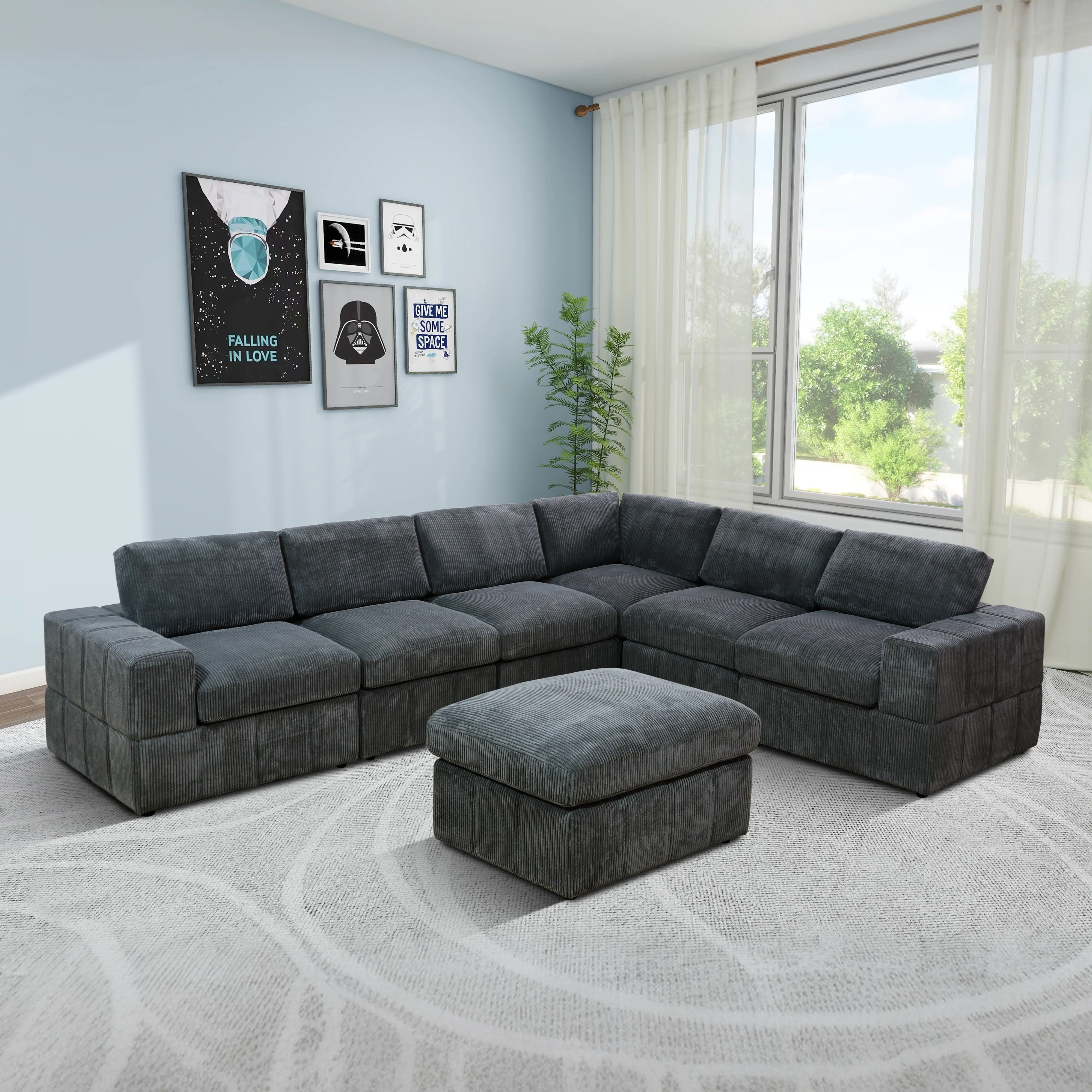 Dark Grey Cotton Corduroy 7-Piece Modular Living Room Sofa Set - Sturdy 5-Seat Sectional Couches with Fixed Arms, Assembly Required, Indoor Apartment Furniture (No Fire Safety Label)