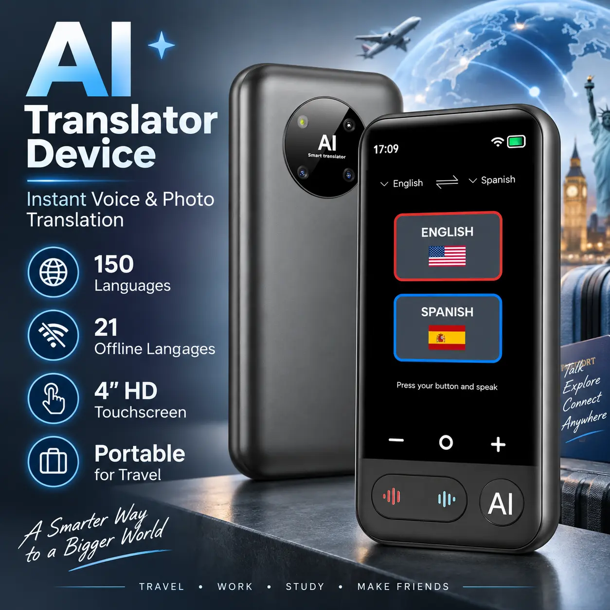 AI Language Translator Device with 4" HD Touchscreen, 150 Online Languages, 21 Offline Voice Translation, Photo Translation, Smart Recording & AI Assistant, Portable Two-Way Translator for Travel, Business & Learning