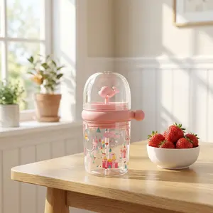 Fun Spiral Straw Water Bottle | Adorable Pink Whale Tumbler with Cartoon Castle Design