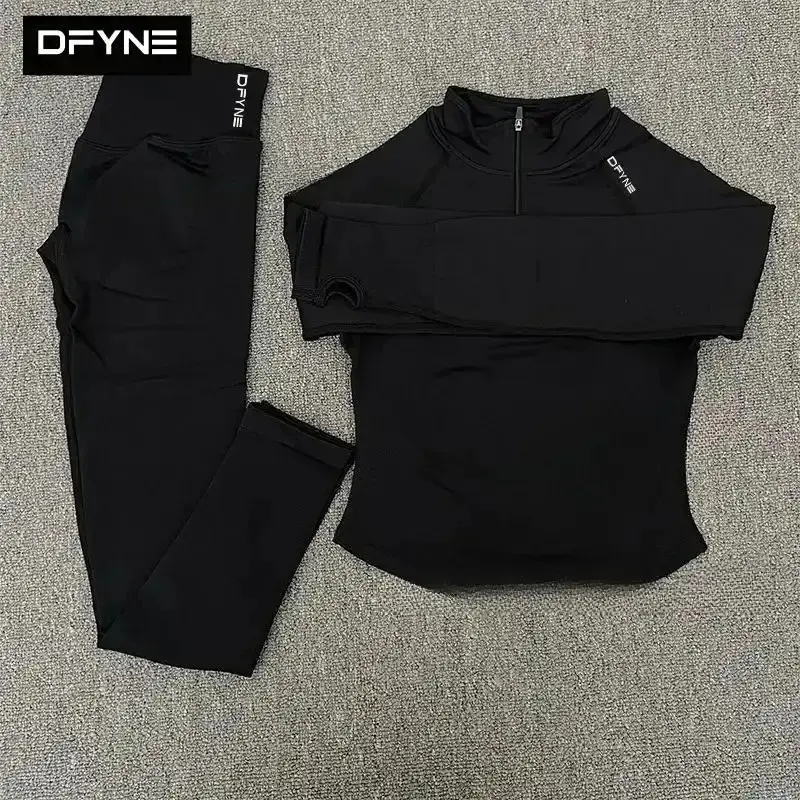 (With logo)Women’s Black Seamless 2 Piece Workout Set – Quarter Zip Long Sleeve Matte Pullover Top & High Waisted Tummy Control Leggings, Stretch Sculpting Gym Activewear Outfit for Yoga, Pilates, Running & Fitness Training