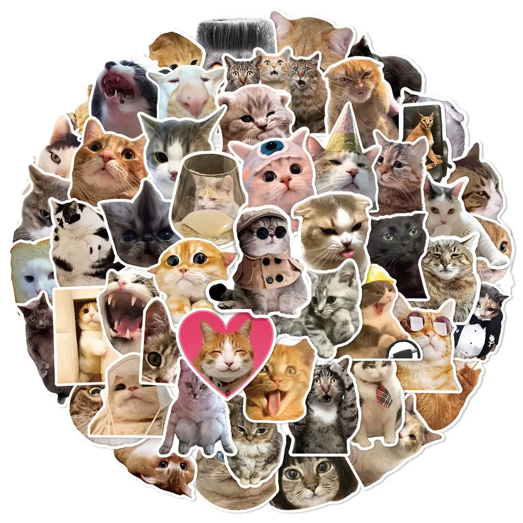 Unique Cute Kitten Face Stickers Set of 50 - Waterproof Durable Vinyl Decals for Creative Decoration on Bottles, Journals, Tech Devices