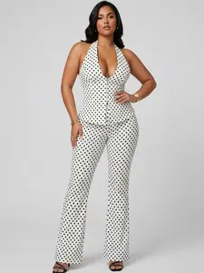 Sculpt Touch Polka Dot Halter Top & Flare Pants Set for Women Deep V Waist Snatching Two Piece Outfit Vintage Slim Fit Matching Set