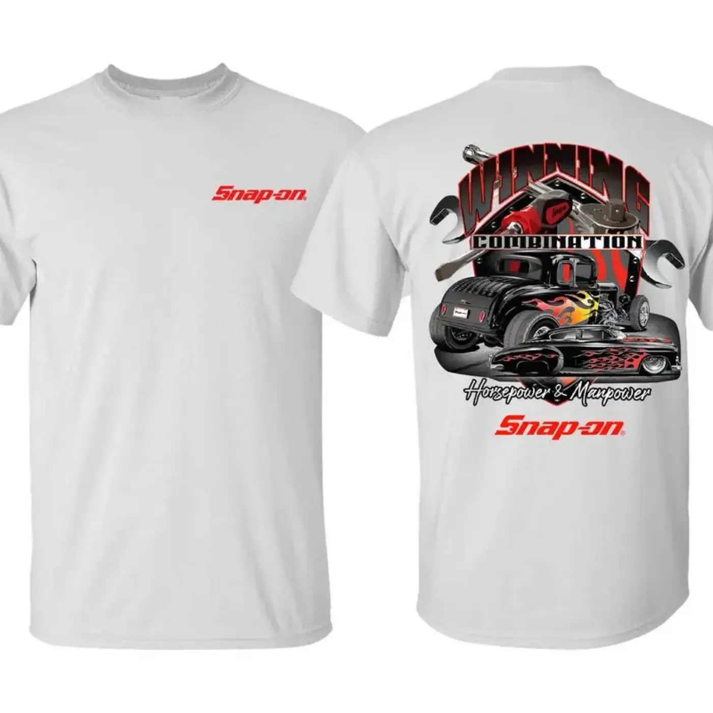 Winning Combination Text Graphic Oversized T-Shirt, 100% Cotton Loose Fit White Tee, Double Sided Vintage Hot Rod Flame Car Mechanic Tool Shirt for Men Women
