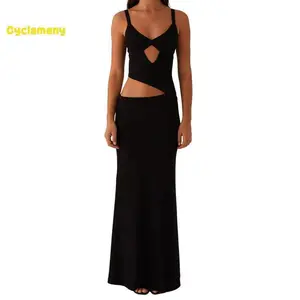 Women’s slip dress — sleeveless V-neck backless hollow-out swing maxi dress for summer cocktail parties; formal birthday dress