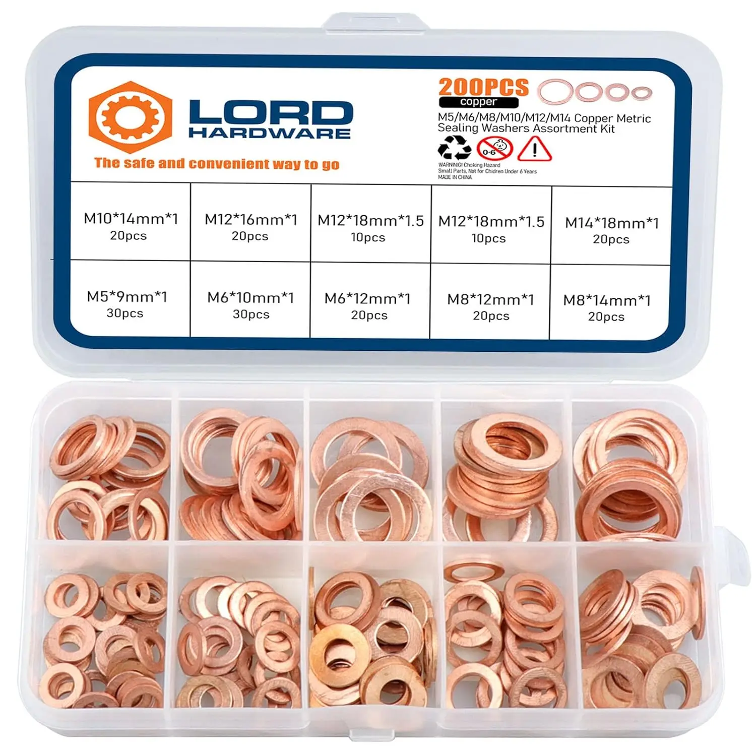 200Pcs Copper Crush Metric Washers Assortment Kit Flat Sealing Washer M5 M6 M8 M10 M12 M14 (9 Sizes) LordHardware