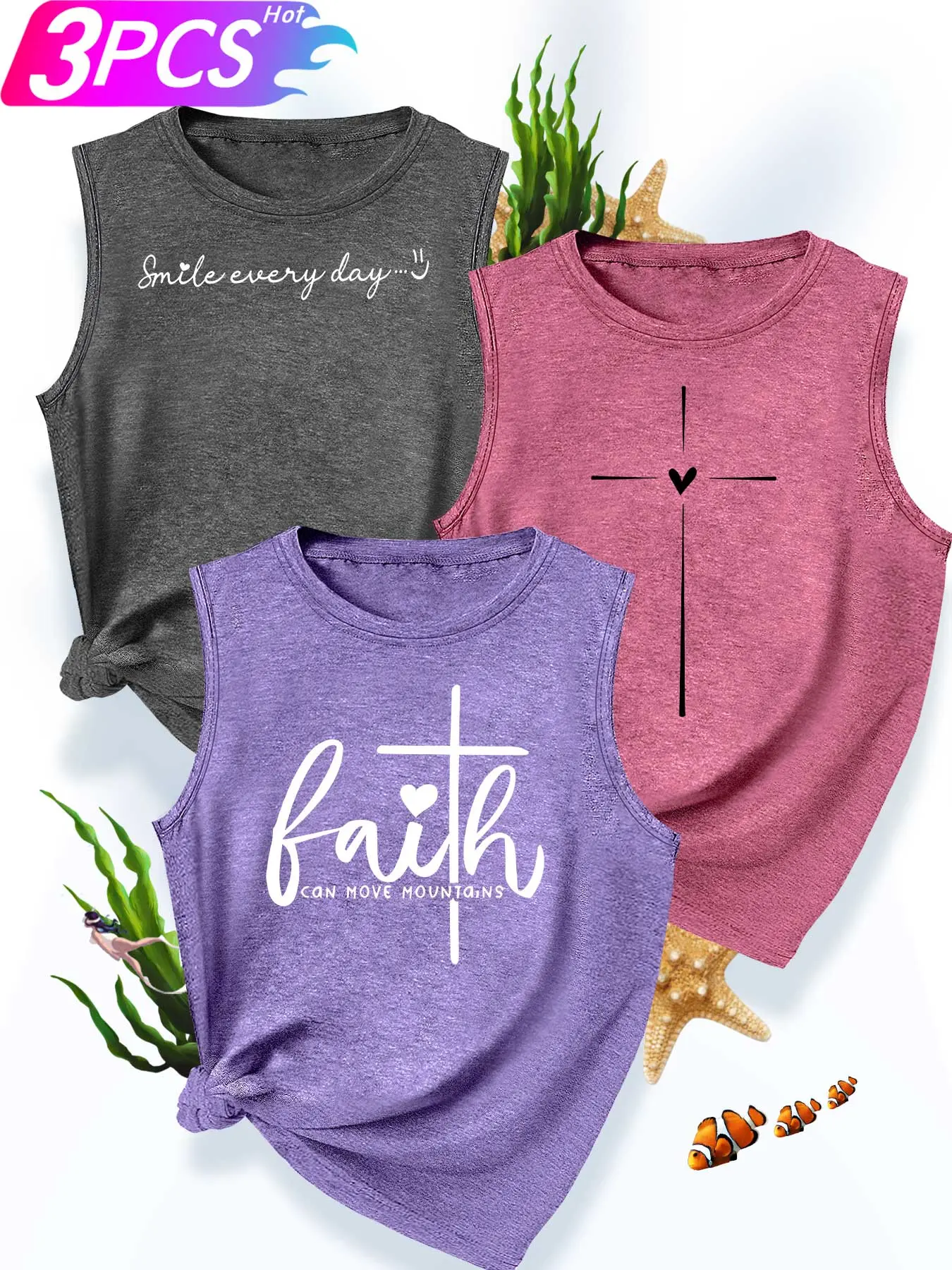 3Pcs Women's Crew Neck Tank Top, Faith Cross, Simple Cross Heart & Smile Letter Print, Multiple Colors Available, Machine Washable, Spring & Summer Top, Soft Skin-Friendly Fabric, Daily Versatile, Fashion Design