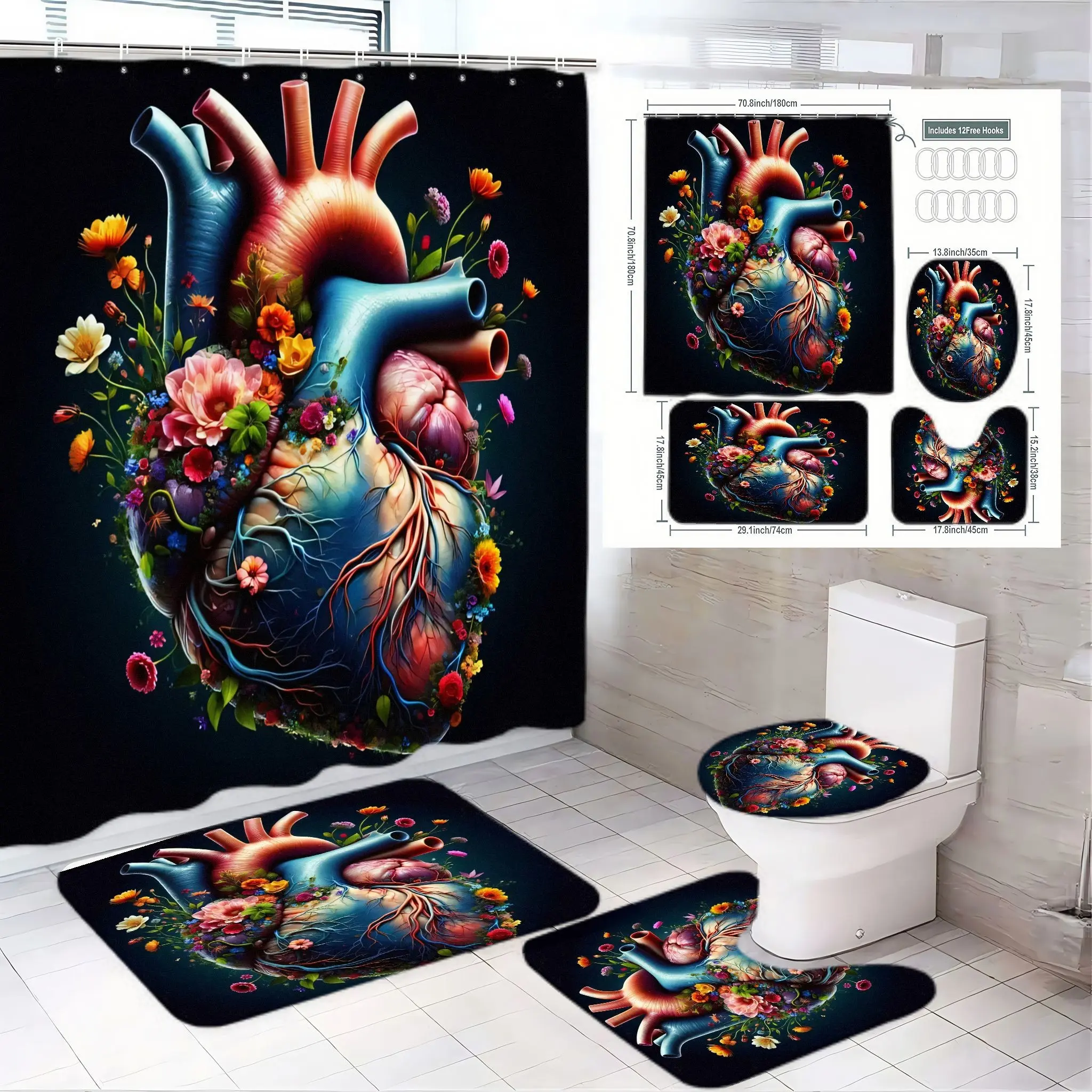 4pcs Vibrant Anatomical Heart Shower Curtain Set, Floral Motif, Artistic Bathroom Decor, The floor mat fabric is thicker and softer! Intricate Heart Design, Matching Accessories