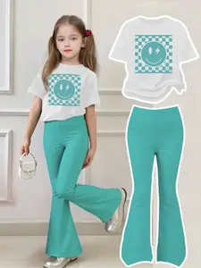 Medium-Large Girls' White T-Shirt with Bow Print + Black Flared Pants Two-Piece Set: Relaxed, Skin-Friendly, Slimming, and Versatile Outfit; Black-and-White Color-Blocking for a Sweet Look; Perfect for School and Everyday Outings