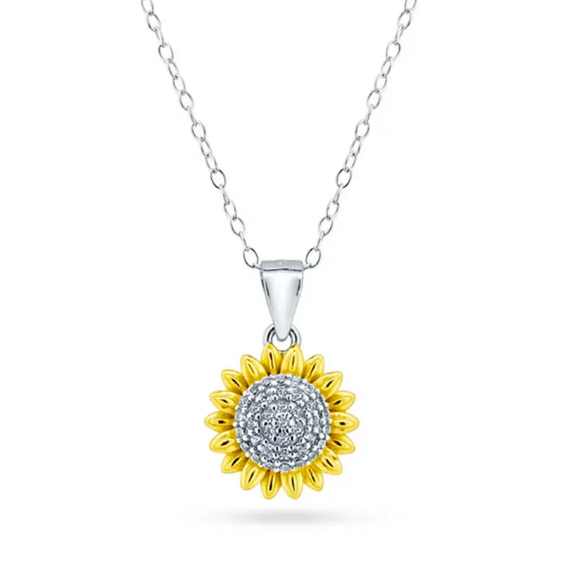 Womens 14K Gold Plated Sun Flower Pendant Necklace Cubic Zirconia Two-Tone Adjustable Chain 16-18in