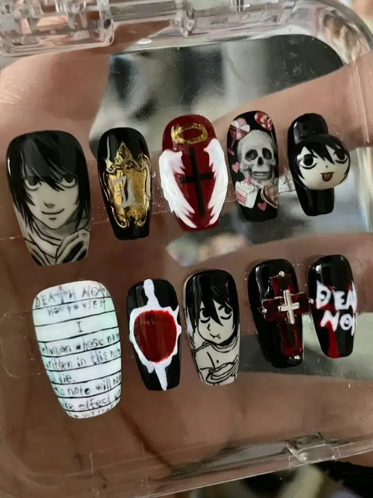 Death Note Press On Nails, L Lawliet Light Yagami Anime Gothic Nails, Hand Painted 3D Reusable Fake Nails | Gift Set (Adhesive Tabs, Nail File, Cuticle Stick)