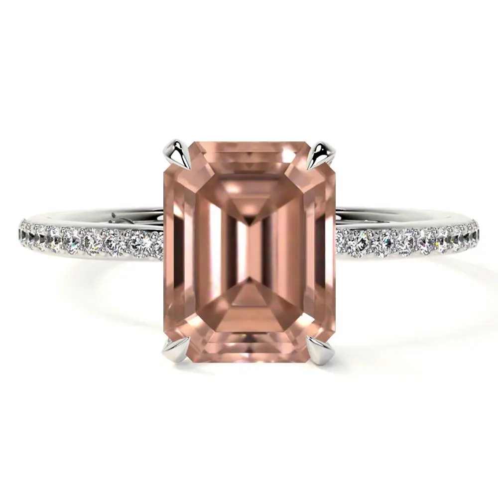 Natural Emerald Cut Morganite Prong Set Ring With Round Diamonds (1.29cttw)-RMG681-7X5-AAAA