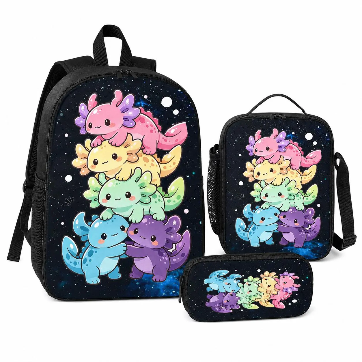 Kids 3 Piece Axolotl Backpack Set, Cute Kawaii Galaxy School Bookbag with Insulated Lunch Bag and Pencil Case, Lightweight Daypack with Padded Straps, Roomy Storage, Side Pockets, Back to School Travel Bag for Girls Boys, Birthday Gift