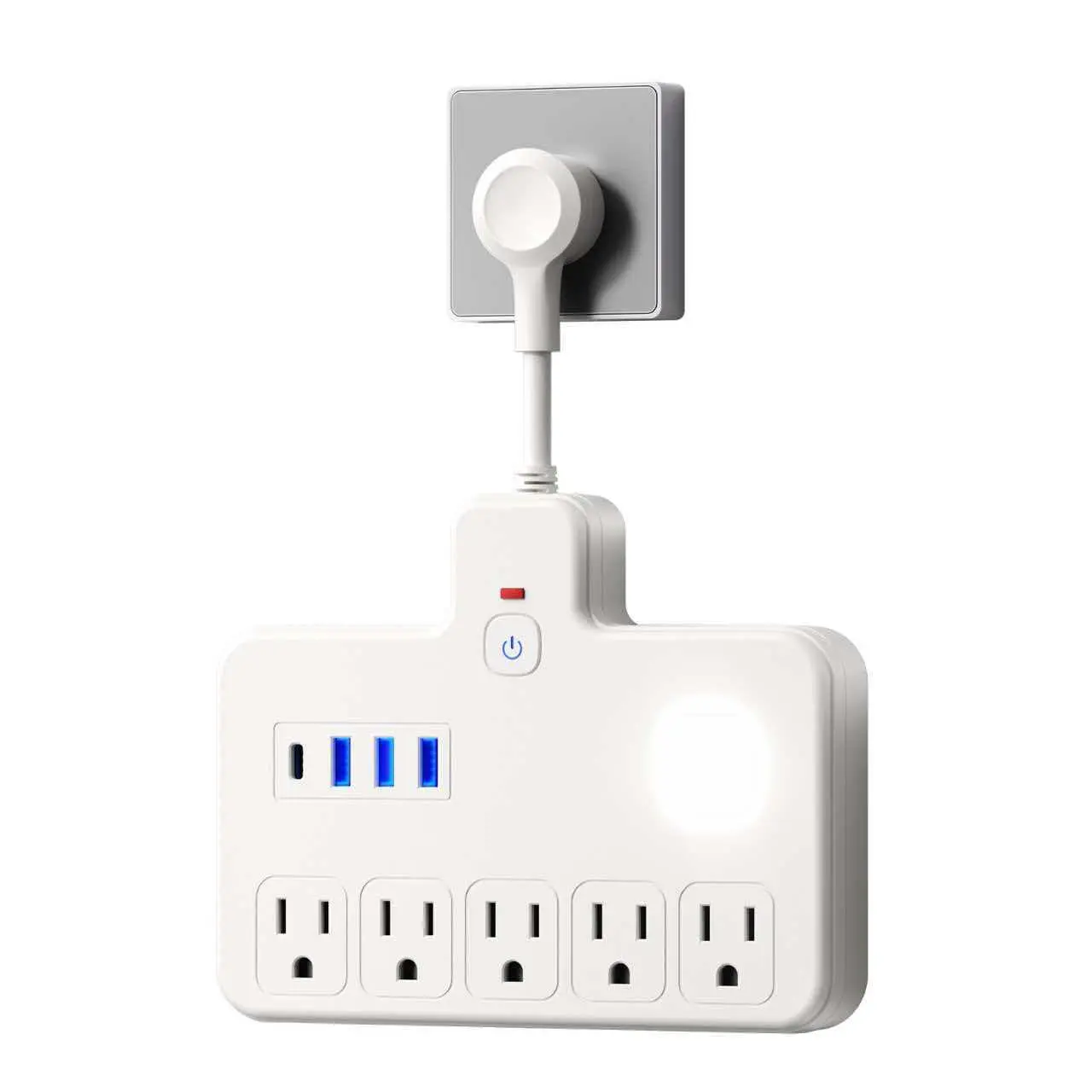 Plastic Square US Plug Surge Protector Power Strip with LED Night Light - 5 AC Outlets, 3 USB-A, 4 Type-C Ports, Universal Wall Socket Extender, Lightweight Travel Hub for Bedroom, Home, Fast Charging
