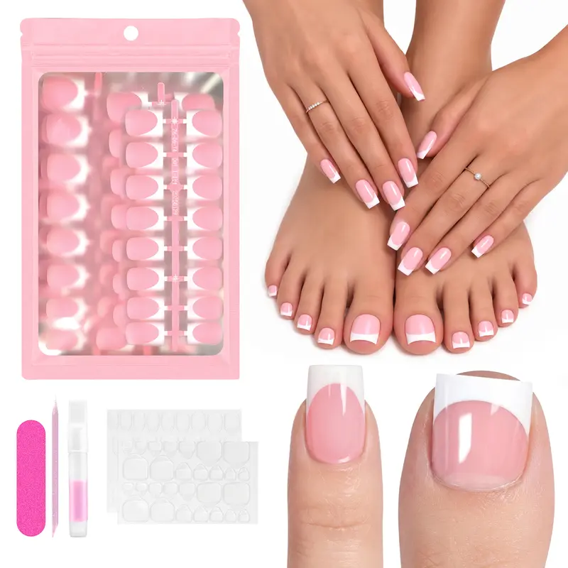 QIEK Toe / Hands Press On Nails French Tip, #effortlessbeauty,Pre-Designed Fake Toenail Press Ons for Women DIY, Soft False Acrylic Nail Extension 15 Sizes, 270 Pcs/150 Pcs【NOT include Builder Gel & Top Coat】Holiday Haul Berry Pink