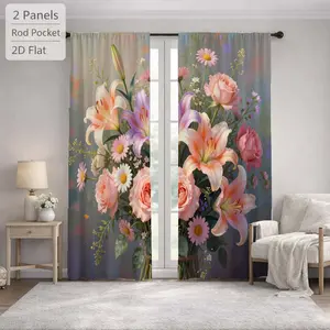 2Pcs Romantic Floral Pattern Lily Rose Sun Blocking Curtains Digital Printed Rod Pocket, Window Treatment For Bedroom Office Kitchen Living Room Study Home Decor