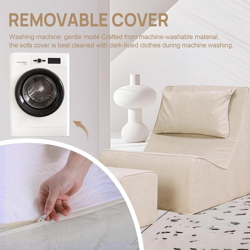 Giant Bean Bag Chair for Adults - Indoor Chaise Lounge with Neck Pillow & Ottoman, All-in-One Sponge Design, Comfy Floor Chair for Reading, Gaming, Napping, and Movies (Khaki)