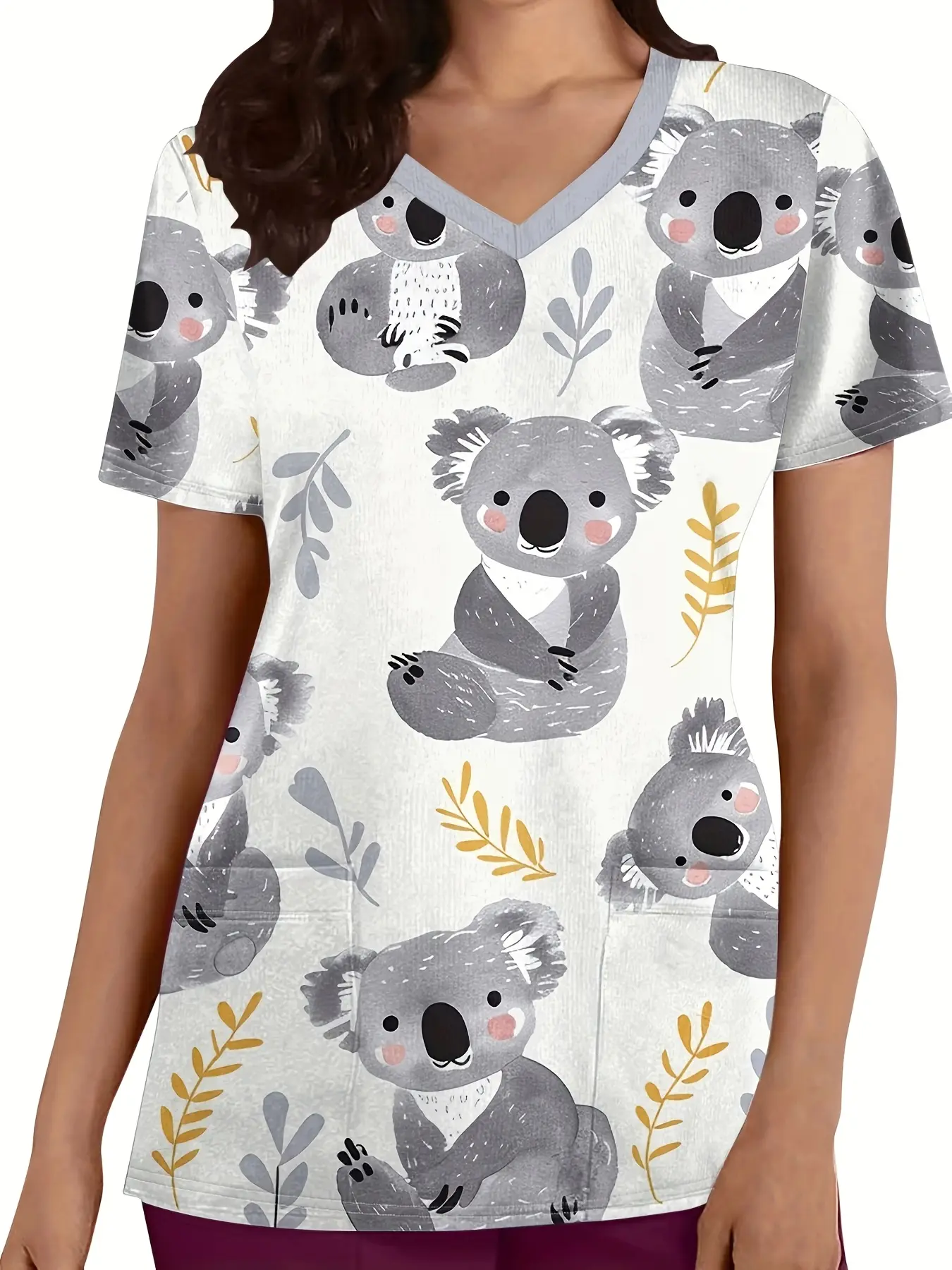 [Practical Uniform T-Shirt] Comfortable Gray Koala 3D Printed V-Neck Work Uniform | Women's Caregiver T-Shirt with Pockets | Practical for Hospitals And Clinics