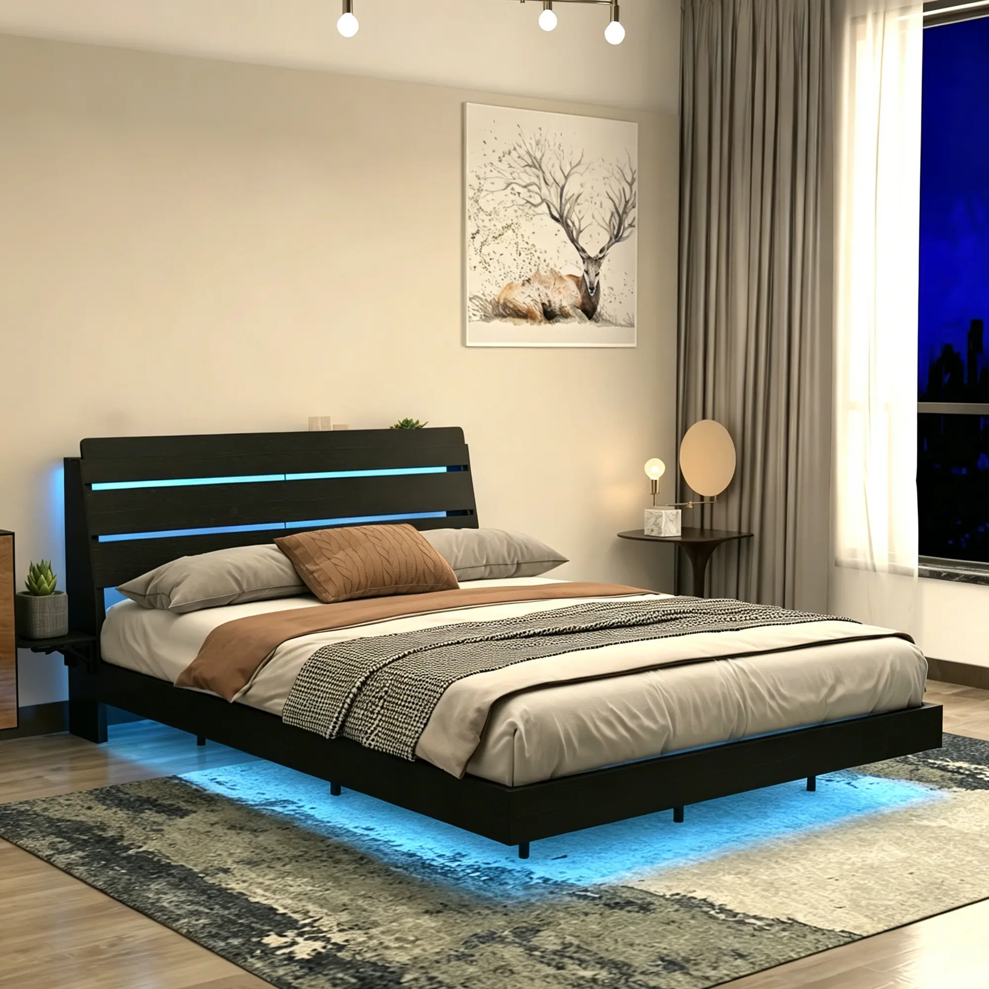 Queen Floating Bed Frame with LED Lights and Charging Station, Wood Queen Size Platform Bed Frame with Storage Headboard, No Box Spring Needed, Easy Assembly,Black