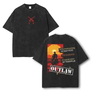 Men's Round Neck Distressed Shortsleeve Tshirt - Valentine Red, Dead Redemption Rugged Outlaw Vintage Oversized Washed Heavy Cotton, Retro Comic Poster Graphic, Gamer Casual Streetwear, Figure-Flattering Fit