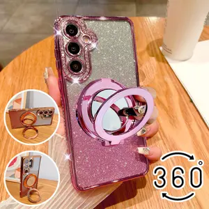 Samsung Protective Case for A07 A17 A37 A57 A06 A16 A26 A36 A56 A14 A34 A54 A15 A25 A24 A35 A55 A05s 5g, 360° Rotating Mirror Ring Holder, Glitter Wireless Charging