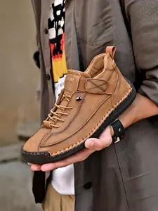 Hand Stitched Soft Sole Casual Mid-Top Men's Walking Shoes, Large Size Outdoor Work Boots, Anti-Slip Work Boots