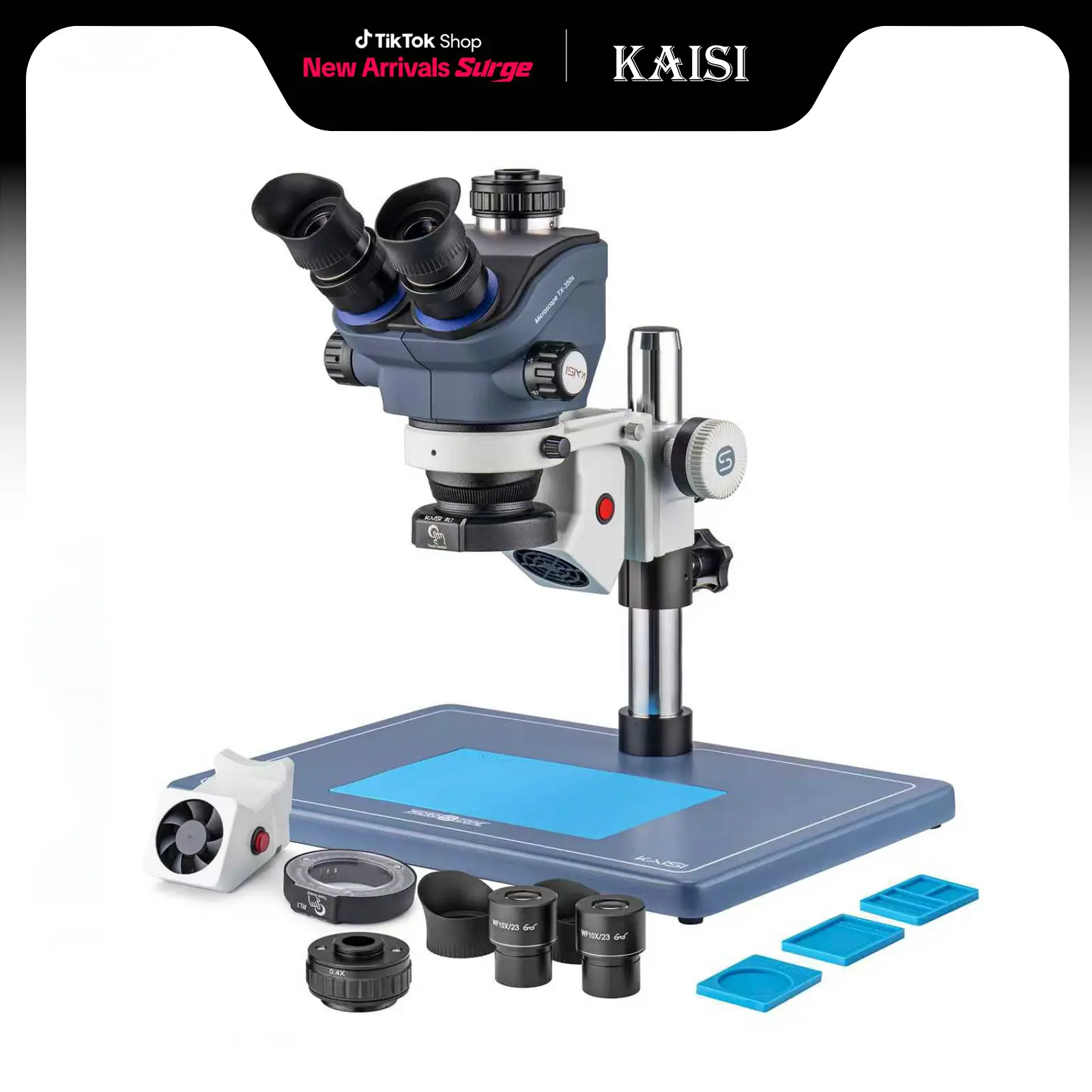Kaisi Professional Stereo Microscope,Trinocular Microscope for Soldering,7X-50X Magnification and WF10x23 Wide Field Eyepieces,Lab trinocular Stereo Zoom Microscope for Electronics Repair School Supplies Hard Plastic
