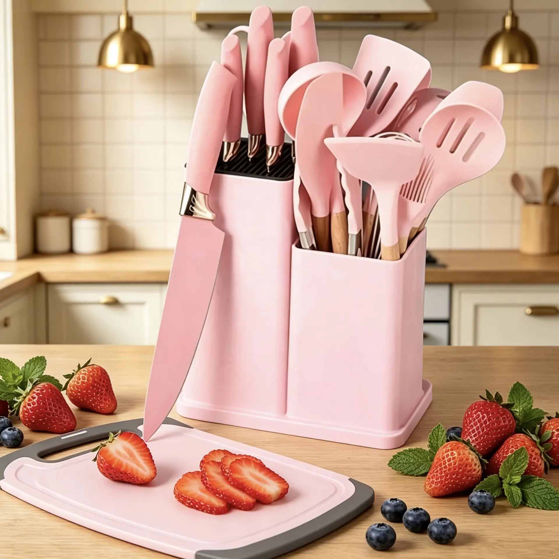 19pcs kitchen knife setComplete Knife Block Set with Silicone Kitchen Tools, Fish Knife, Cutting Board & Holder – Pink Sturdy Kitchen Knife Set for Apartment & New Home, BPA-Free kitchen accessories Utensil Handles Stylish