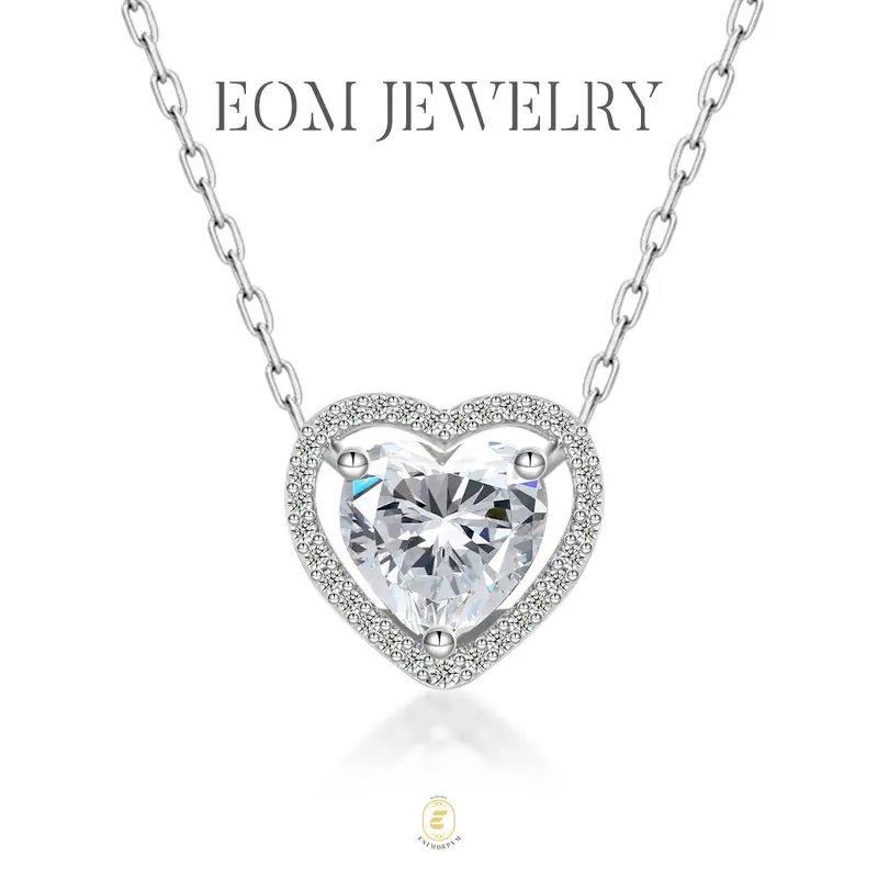 EOM Moissanite 1-2ct Halo Heart Pendant Necklace Silver-Plated Sparkling White Heart Pendant Copper Necklace Silver-Plated Jewelry for Wedding Engagement Anniversary Romantic Elegant Gift Daily Wear