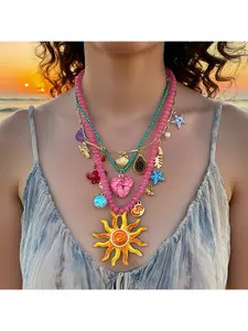 ]Cross-border light luxury ocean resort style colorful dopamine multi-layered alloy sun face pendant necklace for women
