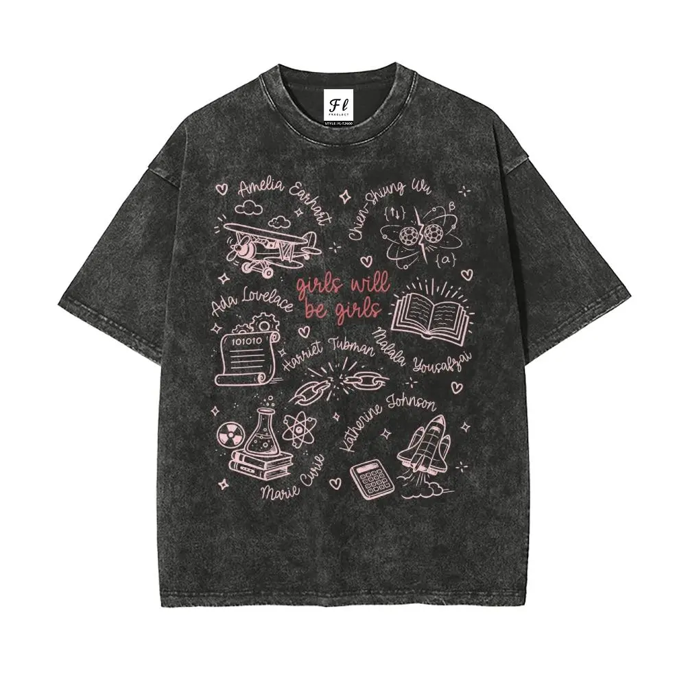 Men's Women's Unisex Washed Batik Cotton Oversized Loose-Fit T-Shirt, All Seasons Streetwear, Women in History Doodle Print, Super Soft Pre-Shrunk, Machine Washable, Pre-Shrunken