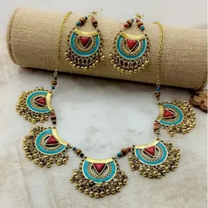 1Set Women’s Alloy Boho Jewelry Set, Ethnic Enamel & Beaded Statement Necklace & Earrings, Tassel Bell Charms for Party, Festival & Vacation Wear