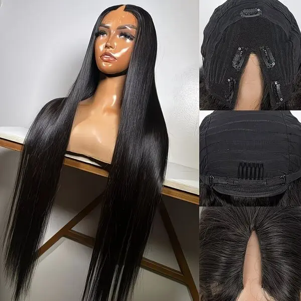 V Part Wigs Human Hair 180% Density Straight Upgrade U Part Human Hair Wigs with Drawstring No Leave Out No Sew Glueless Clip In Half Wig Human Hair (Natural Black, 18 Inch)