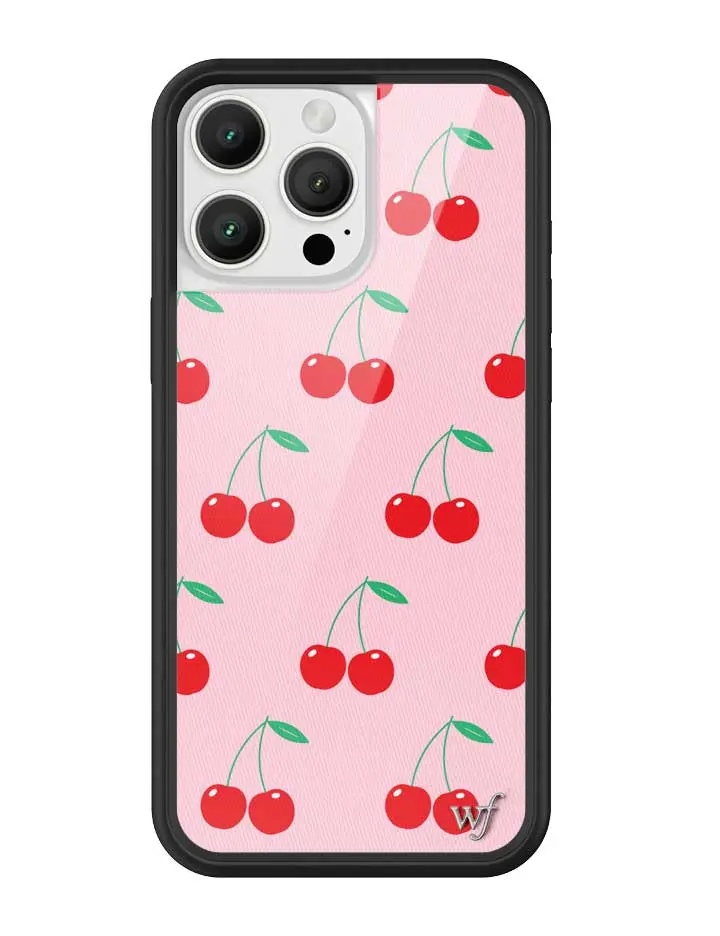 Pink Cherries | Limited Edition iPhone Case | Raised Protective Black Bumper | Women Owned Small Business | Bright Pink Background Vibrant Red Cherries Green Leaves | Safety Casing Protective | Cellphone Cute Aesthetic