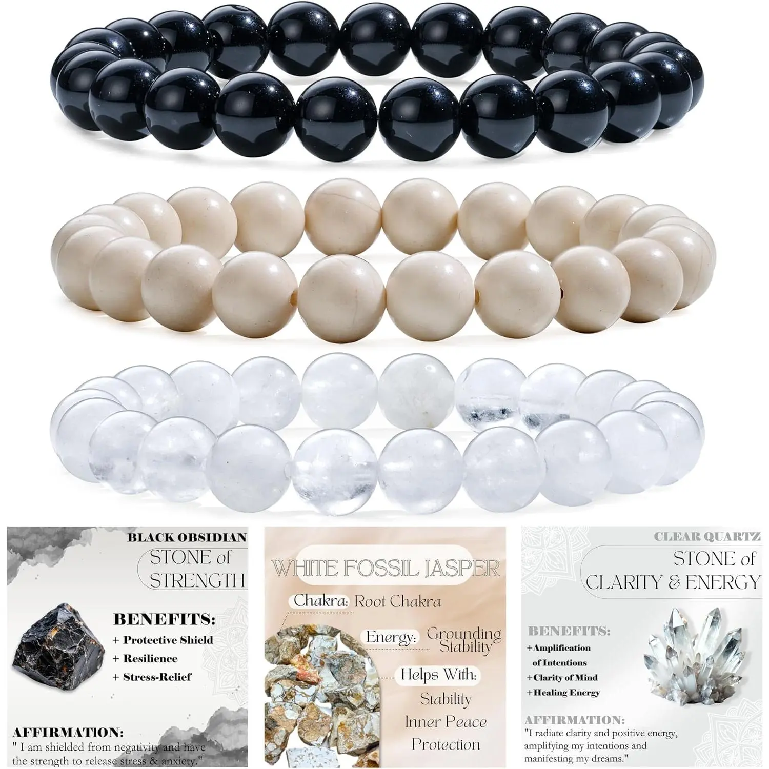 Black Obsidian + White Fossil Jasper + Clear Quart