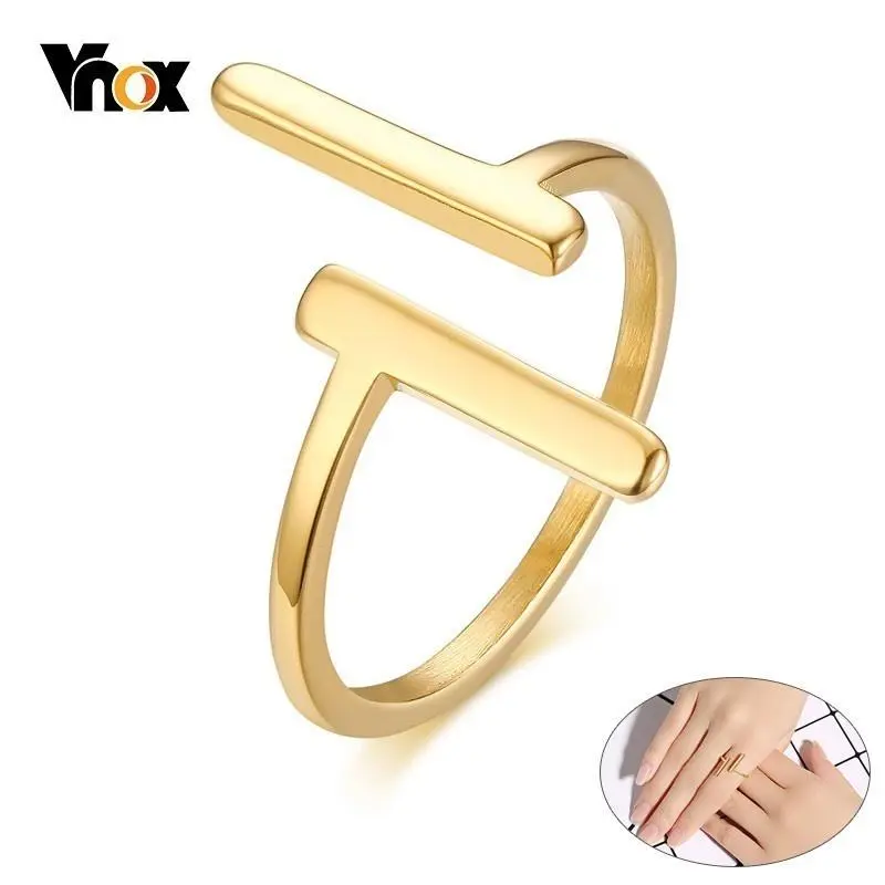 Vnox Minimalist Double T Letter Rings for Women Party Jewelry Gold Color Stainless Steel anillo Gifts for Girl Female Lady