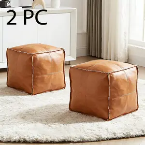 Square leather ottoman cover - Moroccan style, suitable for stuffing with old clothes, blankets, plush toys, etc. A soft ottoman with storage, suitable for living rooms and bedrooms, orange (cover included).