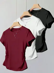 Trendy Girls' Fashion Simple Round-Neck Short-Sleeve T-Shirts Set of 3, Cute Basic Tee, with a slightly tapered waist and pleated design. Comfortable fit and versatile styling, suitable for girls' clothing.
