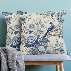 2pcs Chinese Floral Printed Cushion Covers, Vintage Blue & White Plant Decorative Pillow Covers For Sofa Bed, Single-Sided, Pillow Insert Not Included