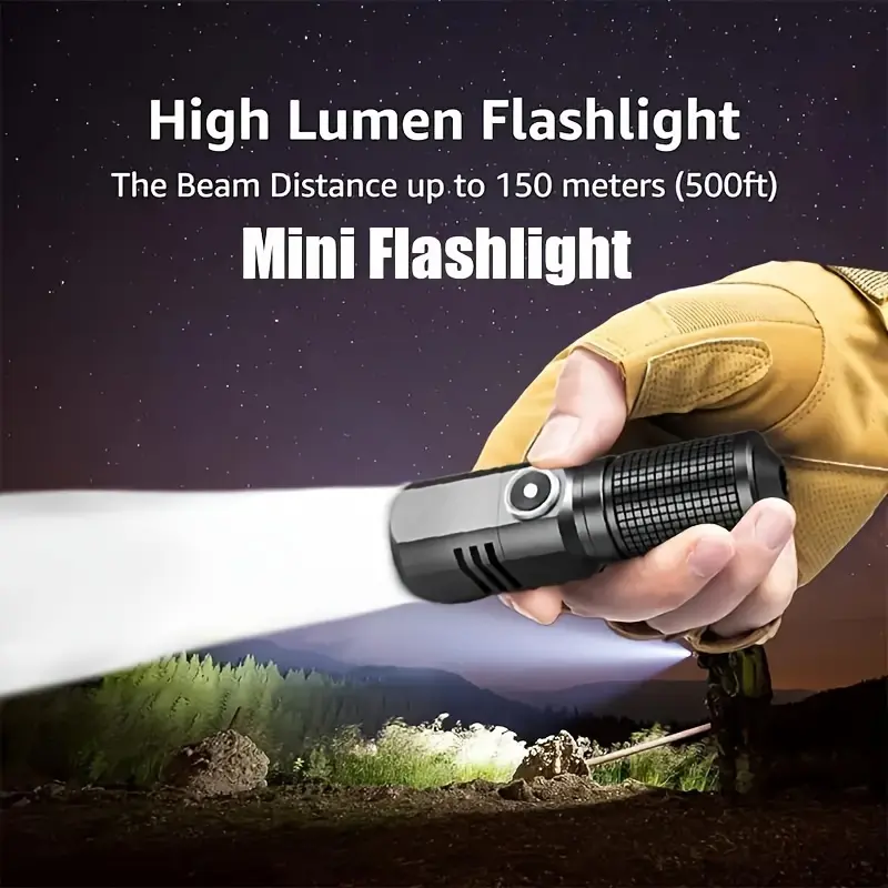 Powerful 1000 Lumen USB-C Rechargeable LED Handheld Flashlight - Built-in Battery, Dual Mode, LED Illuminated, Light Torches, 3 Adjustable Modes, 1100mAh High-Capacity Battery, 200-500m Beam, Durable ABS, Strobe, Included USB Cable, Built-In Battery Torch