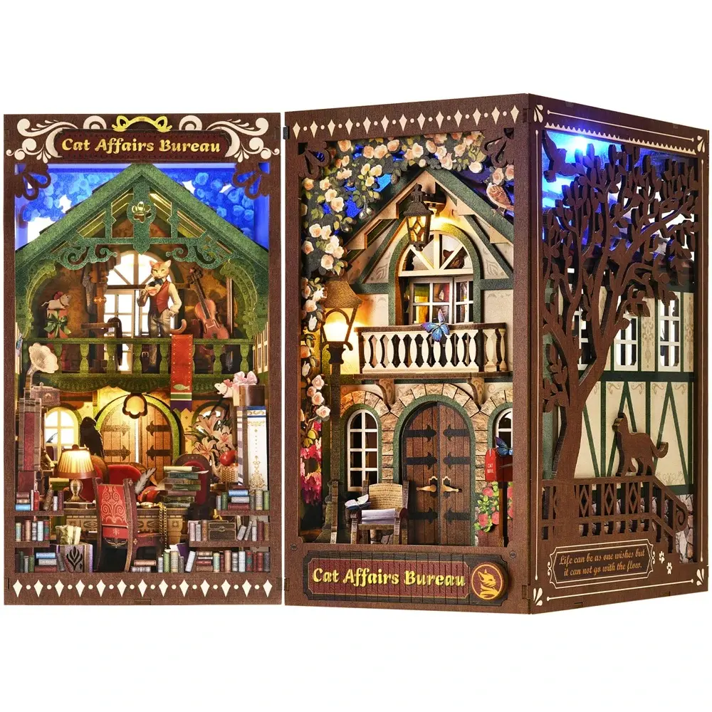 [Cat Affairs Bureau] 3D Wooden DIY Book Nook Kit, Halloween Crafting Miniature House Dollhouse, 1-Pack Gift for Adults, Book Lovers’ Bookshelf Decoration